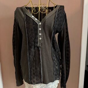 POL Black Lace Button-Down Shirt